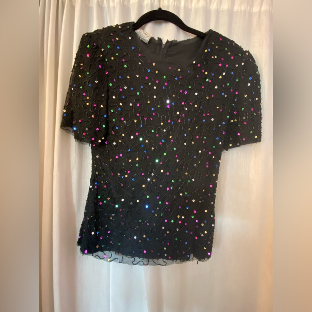 Sequin & Beaded Black Top with Raw Edges Sténay 100% Silk